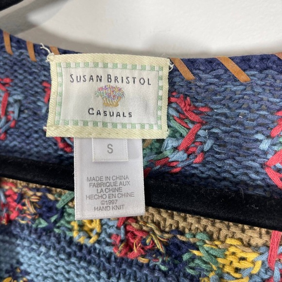 Susan Bristol Hand Knit Cardigan Sweater Womens Small Blue Southwest Whipstitch - Picture 6 of 7